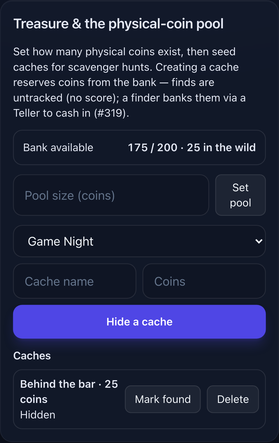 The Treasure & physical-coin pool card in /admin — bank readout, pool size, and the cache list