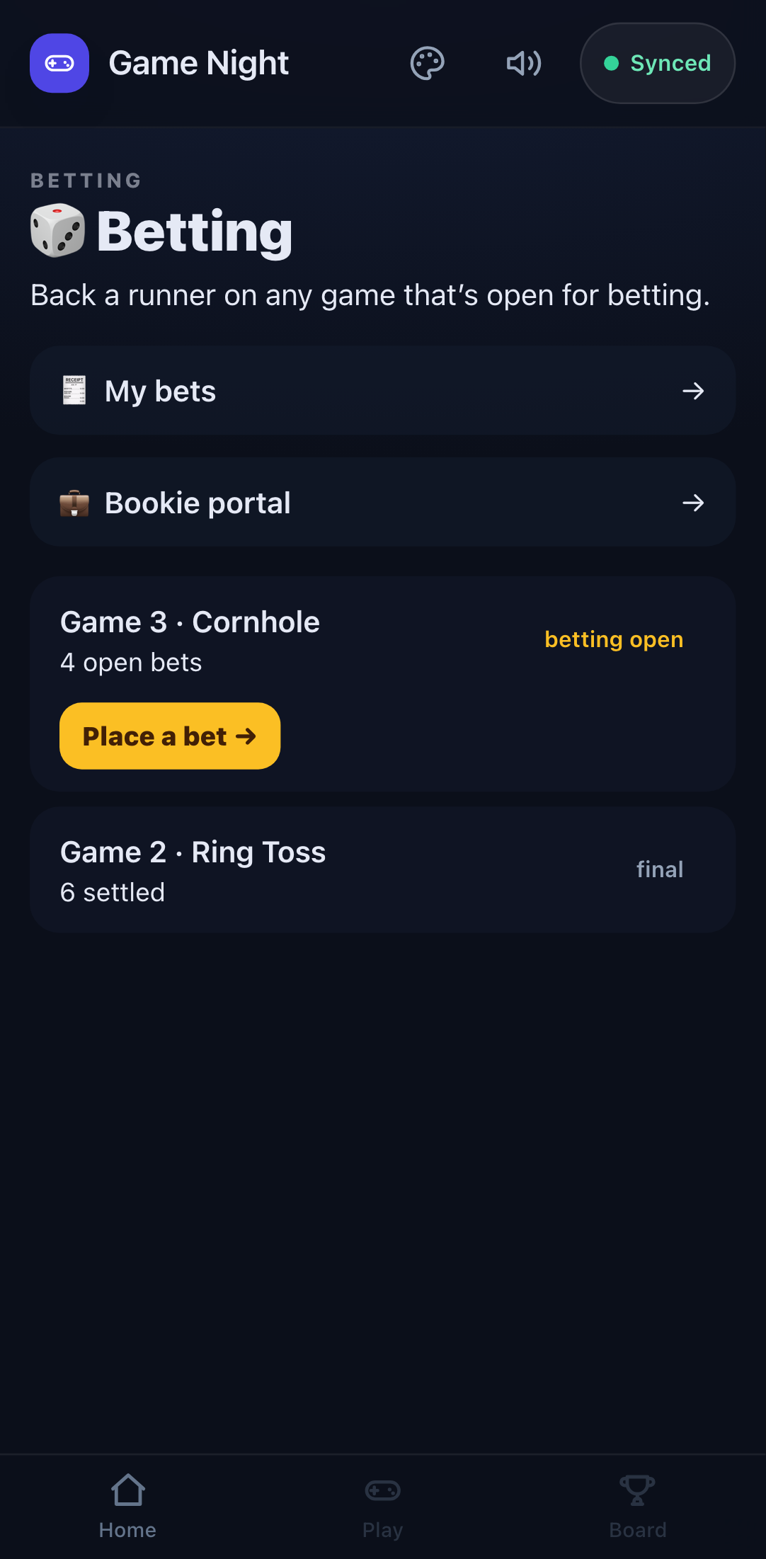 Betting — the games open for wagering, each with a status pill