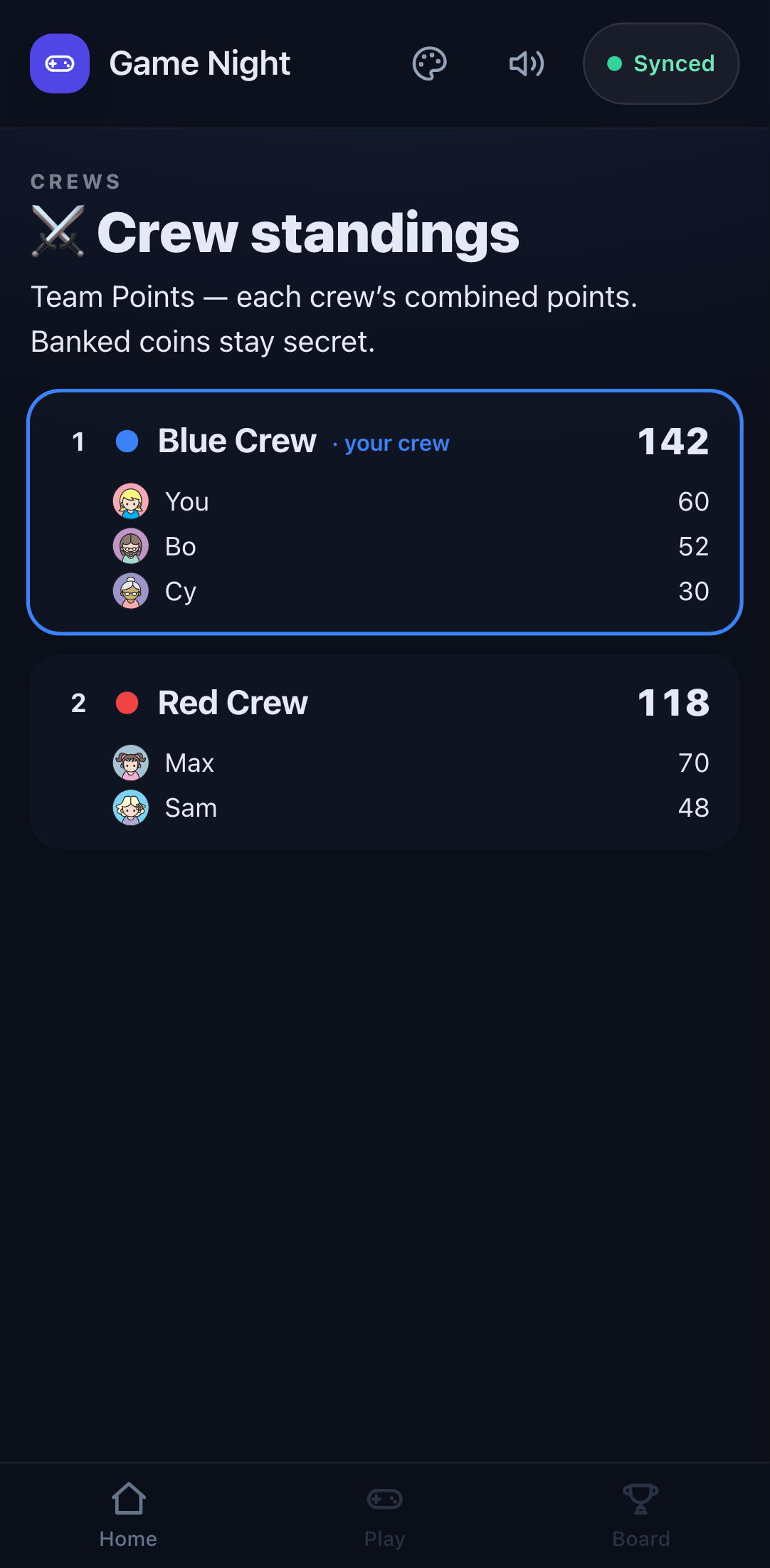 Crew standings — Blue vs Red ranked by Team Points