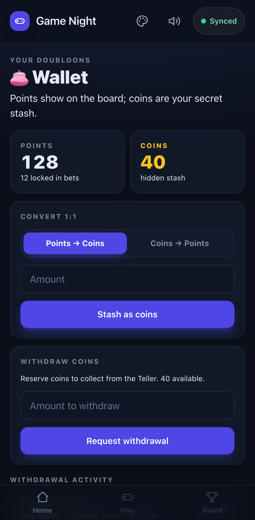 Wallet — points and coins balances, a 1:1 convert control, and withdrawal activity
